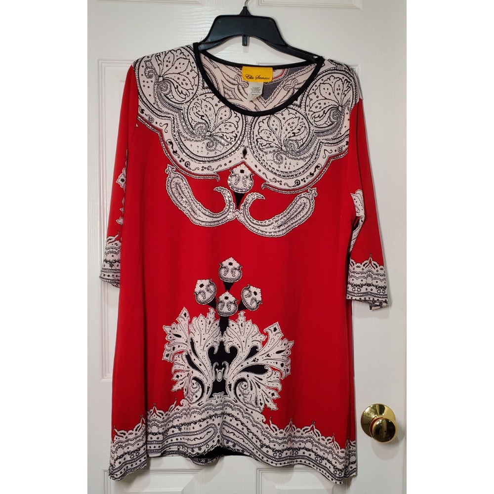 Ella Samani Women’s Tunic Top 2XL Red Paisley 3/4 Sleeve Stretch Blouse